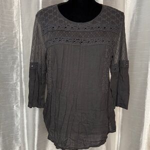 Maurices 3/4 Sleeve Lace Crochet Blouse Women’s L Slate Gray Pleated Keyhole